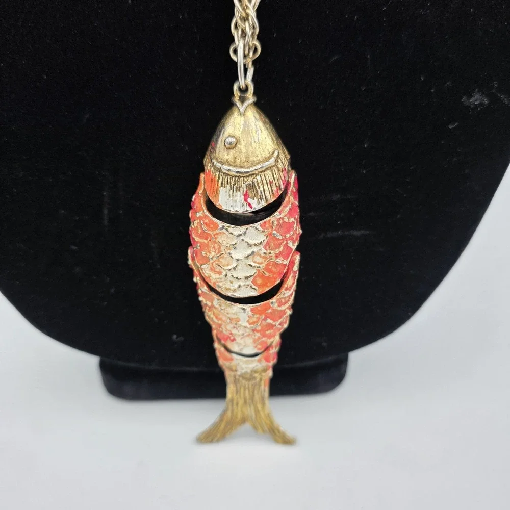 Vtg Gold Tone Orange White Cloisonne Enamel Koi Fish Pendant Articulating 3.5